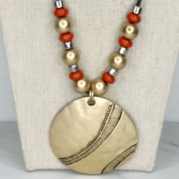 Chicos Orange Gold Tone Beaded Cord Studded Boho Pendant Necklace ✨ - Picture 2 of 8